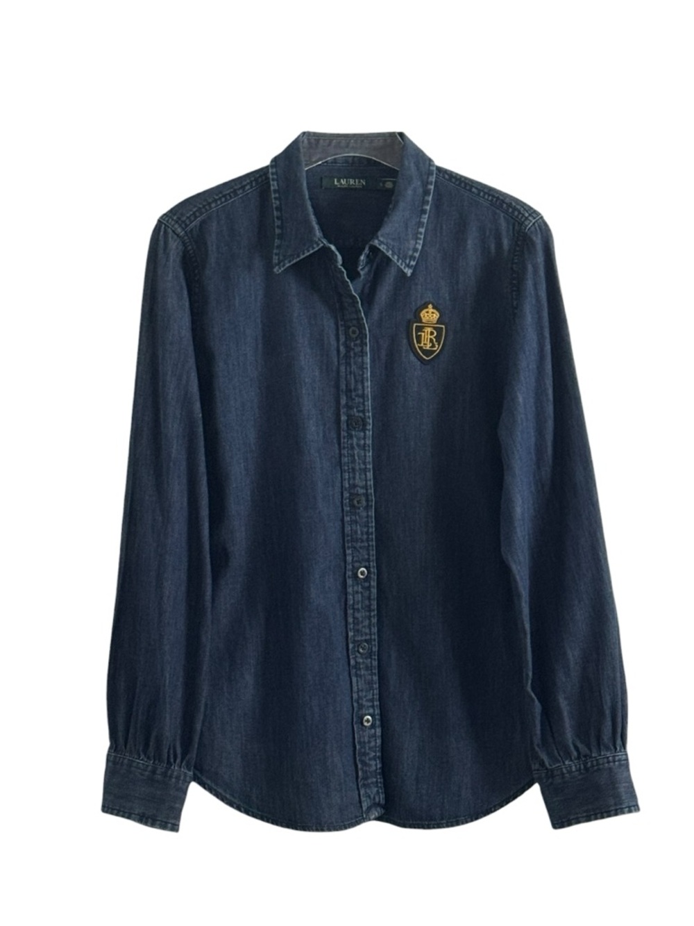 LAUREN RALPH LAUREN DENIM & PLAID CREST INSIGNIA MONOGRAM SHIRT SZ L - Picture 6 of 7